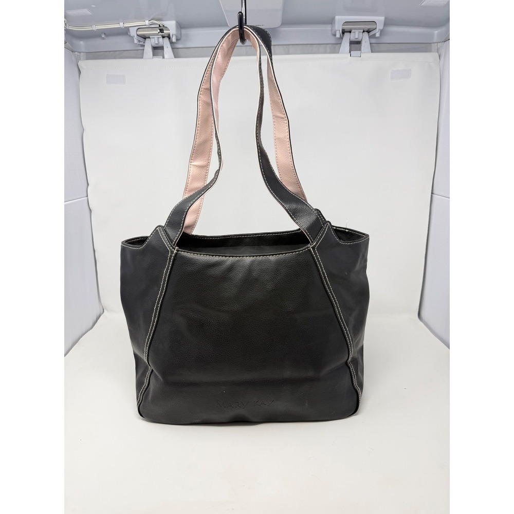 Mary Kay Black Faux Leather Tote Bag Pink Accents Contrast Stitch Shoulder Bag